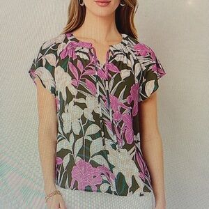 Liz Claiborne Pink and Green Black Floral Blouse